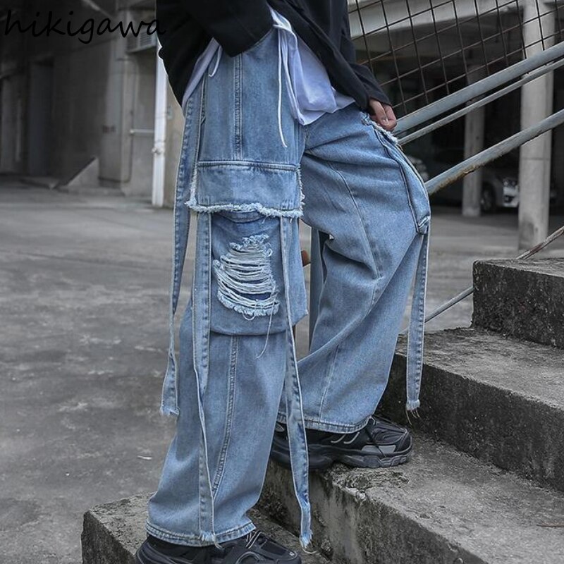 Hikigawa-루즈핏 와이드 포켓 청바지 여성용, 넓은 다리 바지 패션 오버사이즈 바지 하라쿠주 빈티지 하이 웨이스트 스웨트팬츠, 2021